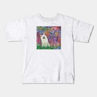 Japanese Spitz and Bluebird in "Forest in Bloom" Kids T-Shirt